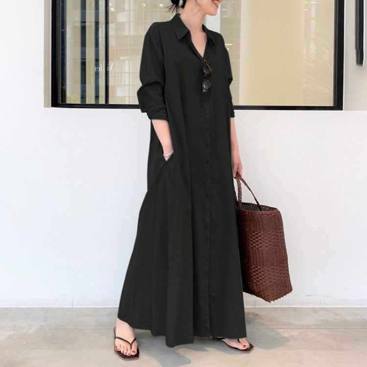 Solid Color Lapel Long Sleeve Pocket Simple Loose Dress