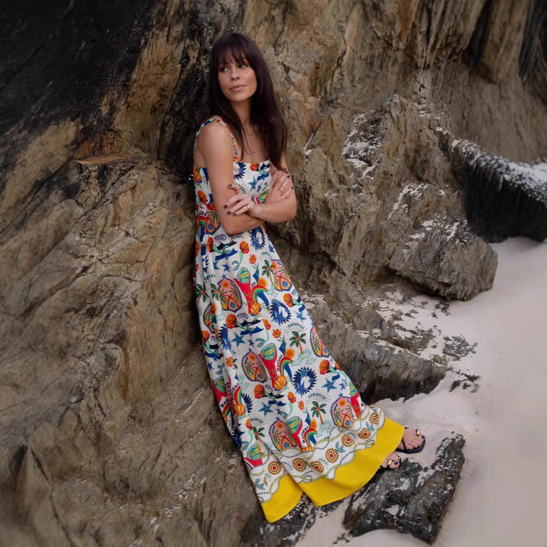 Personality Fashion Linen Printed Large Swing Dresses