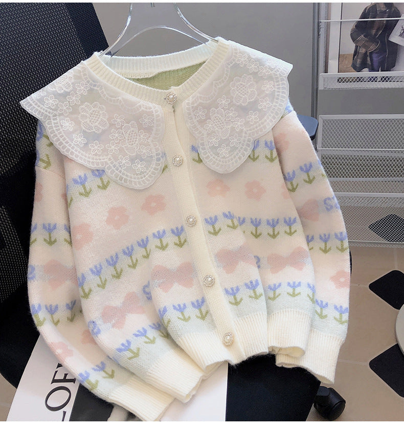 Women's Korean Patchwork Lace Peter Pan Collar Younger Fashion Loose Sweater