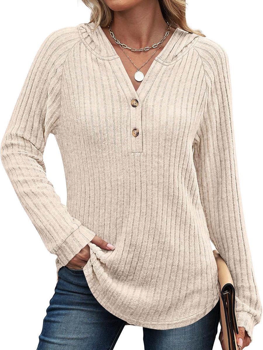 Solid Color Button Loose Hooded Fleece Women's Sweater