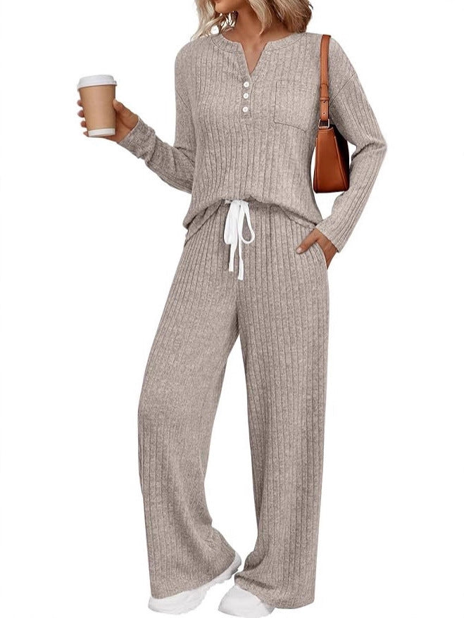 Women's Sunken Stripe Brushed Outerwear Home Pajamas Fashion Casual Suit