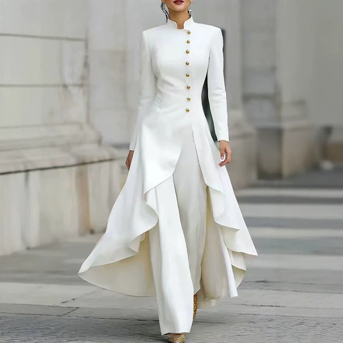 Style Turtleneck Fake Button Solid Color Elegant Fashion Casual Suit