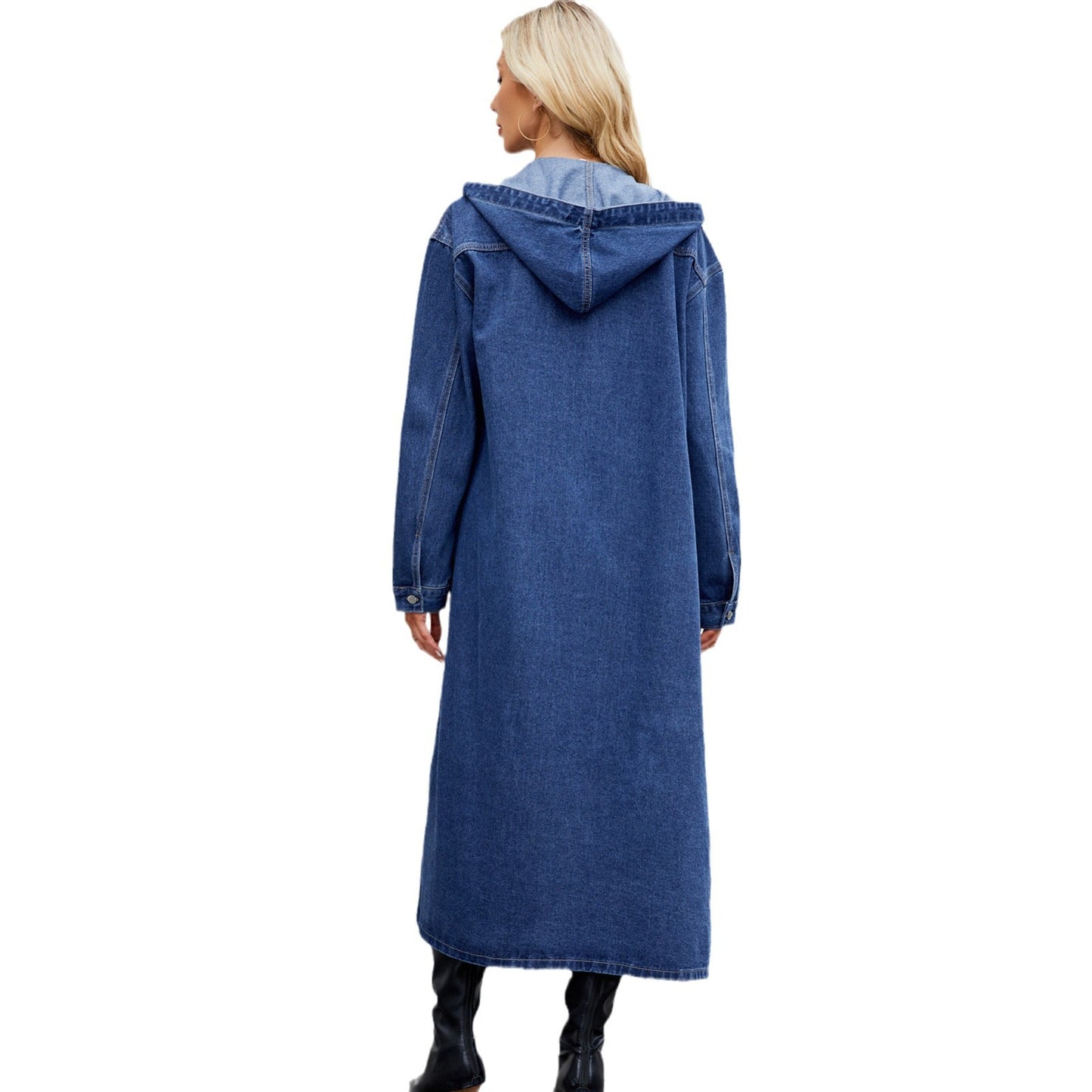 Women's Washed Hooded Long Denim Trench Jackets