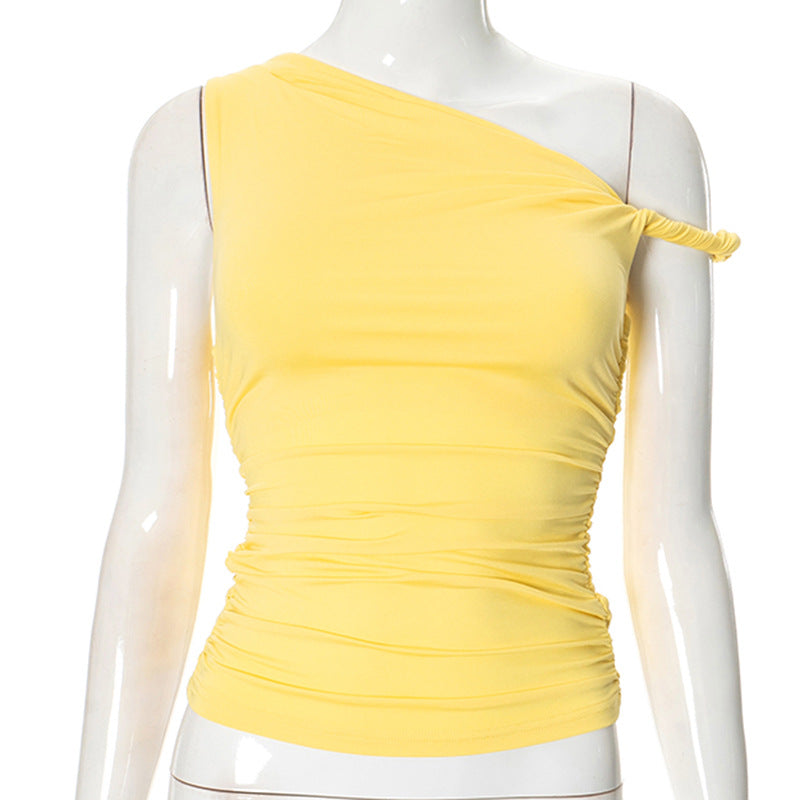 Women's Solid Color Diagonal Collar Pleated Asymmetric Tops