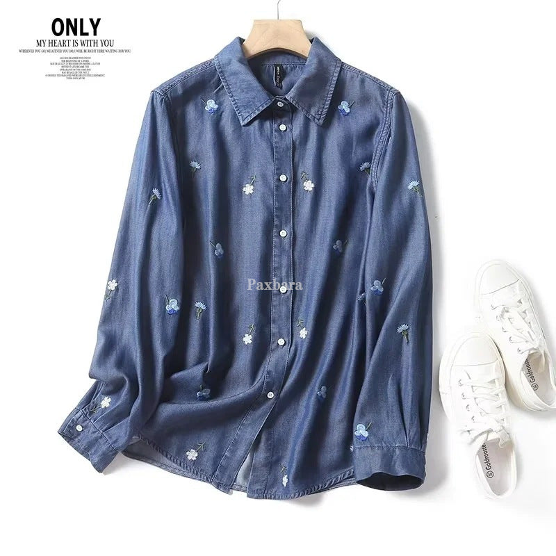 Women's Lapels Single-breasted Flower Embroidered Long Sleeve Blouses