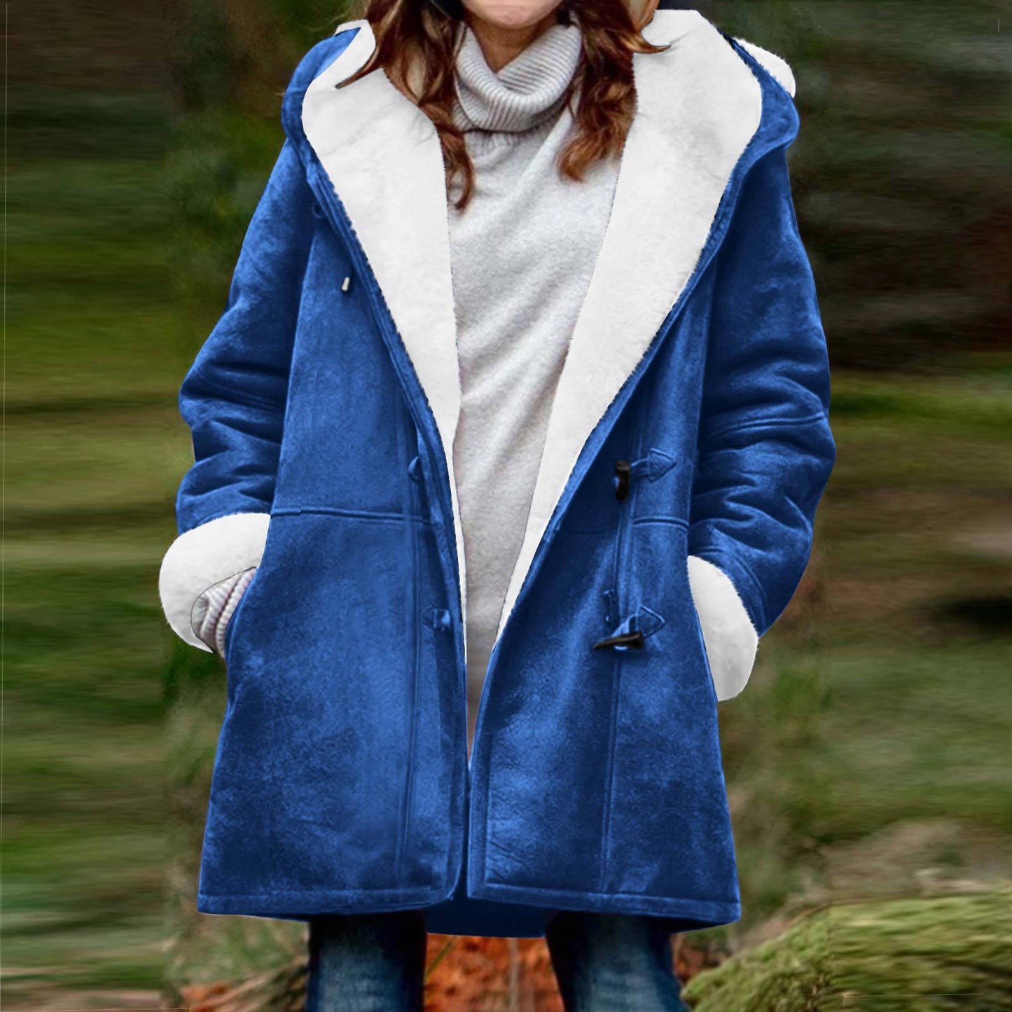 Women's Long Sleeve Horn Button Suede Fleece-lined Coats
