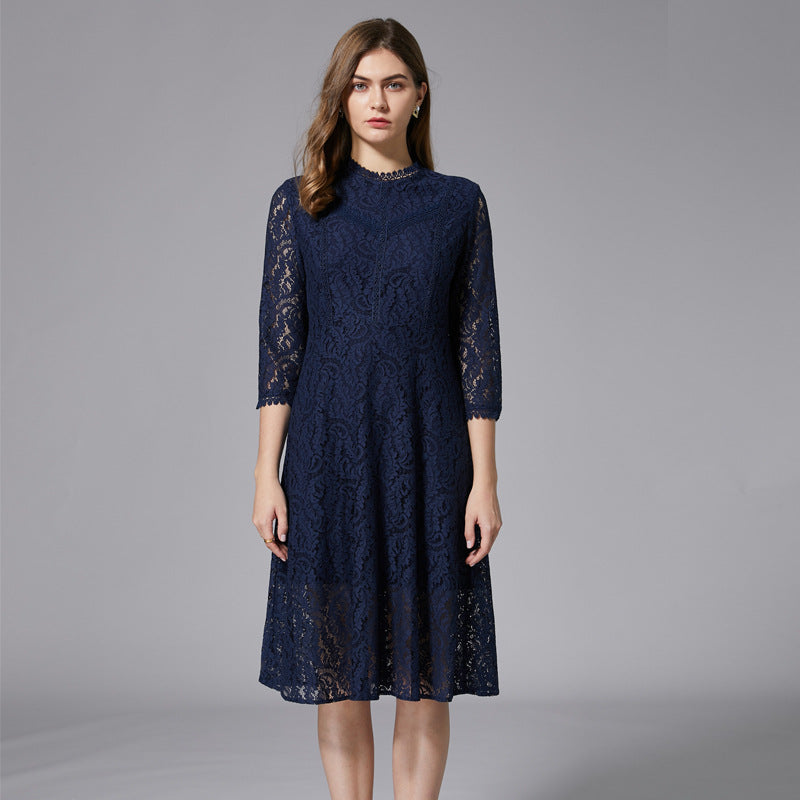 Women's Blue Lace Dress Loose Large Swing Casual Slimming A- Skirts