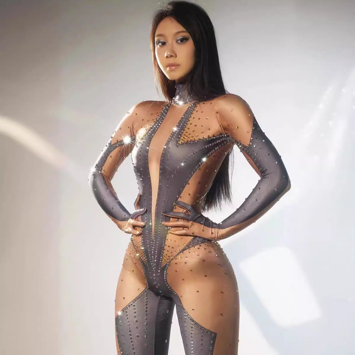 Sexy Full Diamond Long-sleeved One-piece Trousers Jumpsuits