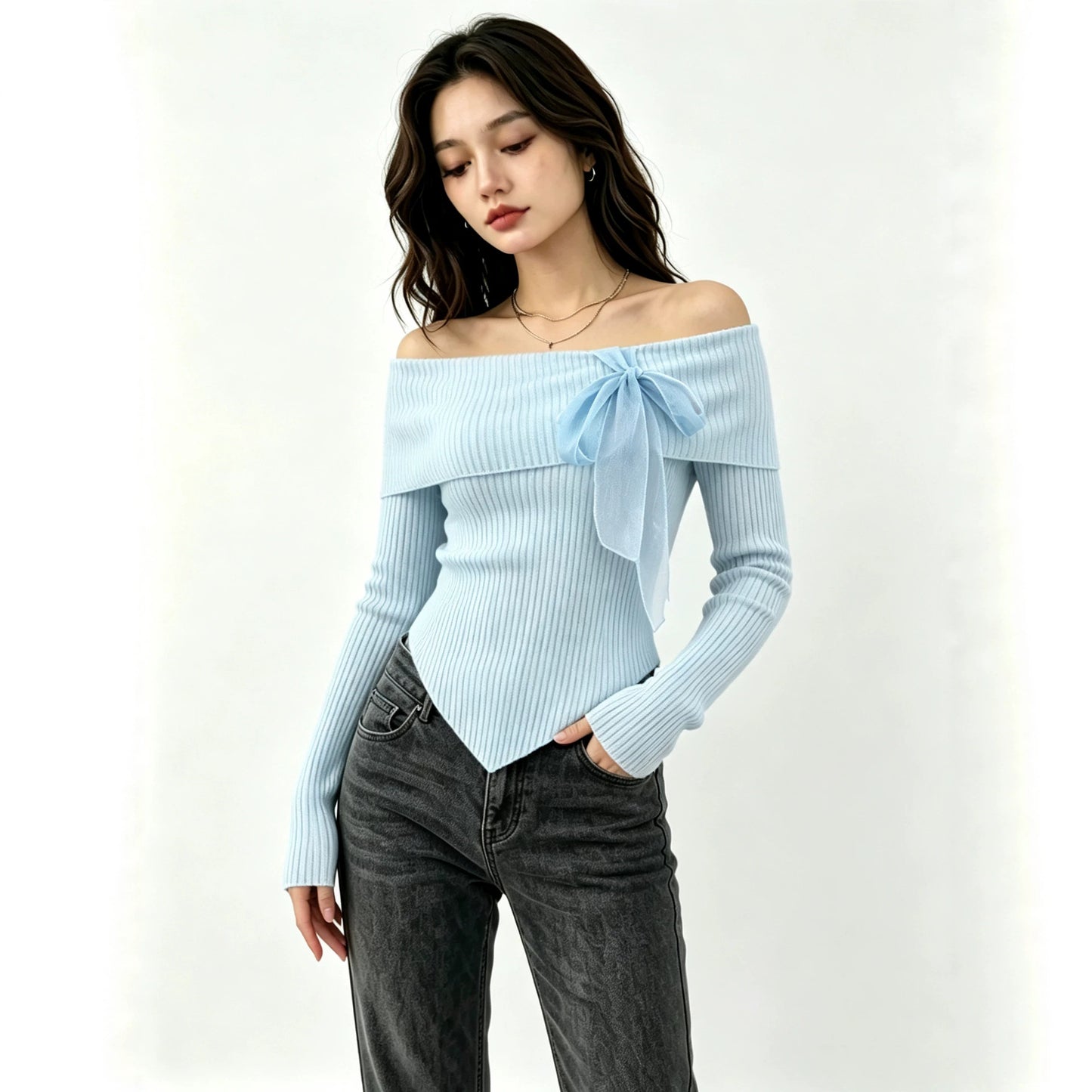 French Sunken Stripe Knit With Bow Tops