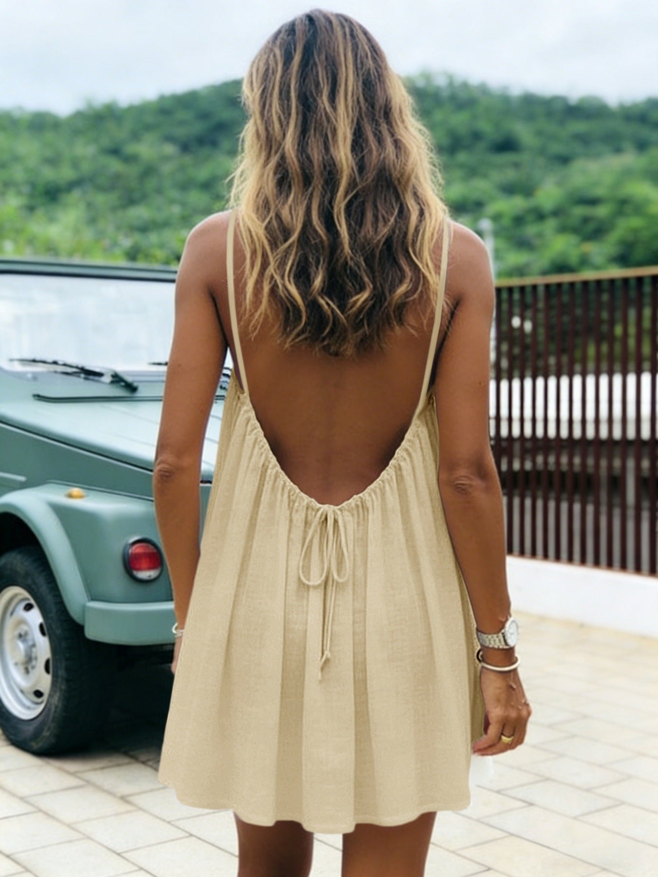 Women's Ice Silk Wrinkle Solid Color Pleating Backless Dress