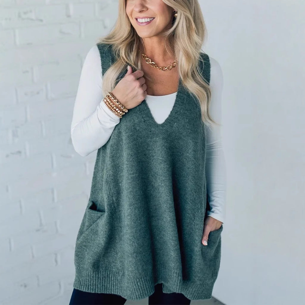 Trendy Classy Color Pocket Knitted Sleeveless Sweater