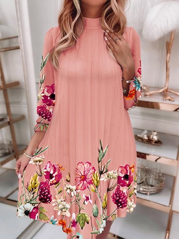 Classy Women's Printed Pleated Sleeve Pullover Dress