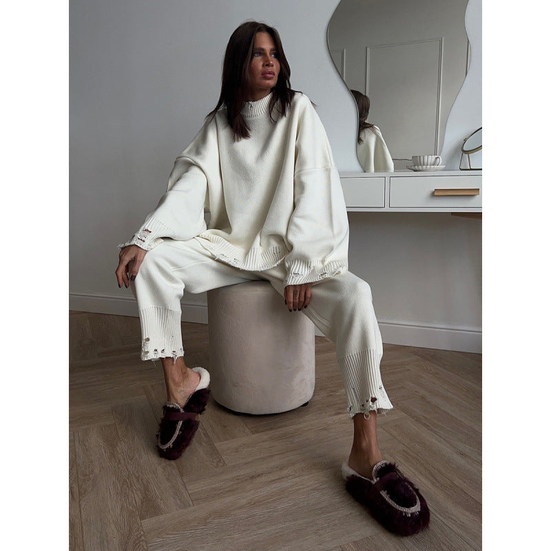 Ripped Female Style Knitted Ankle Tight Suits