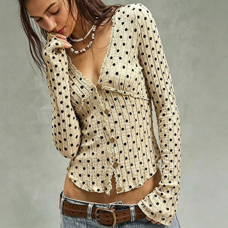 Style Polka Dot Long Sleeve Knitted Ruffled Lace Women's Sweater