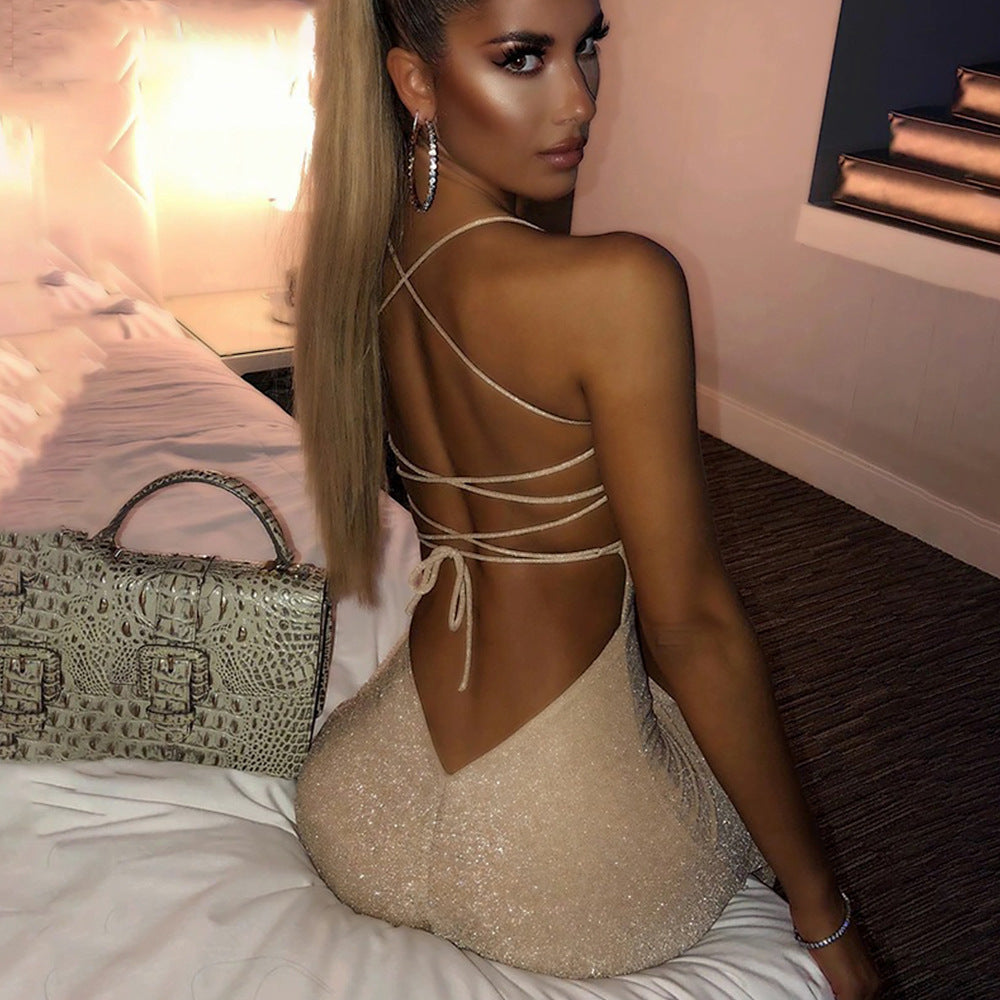 Sexy Sling Exposed Back Square Collar Solid Color Sheath Gold Dress