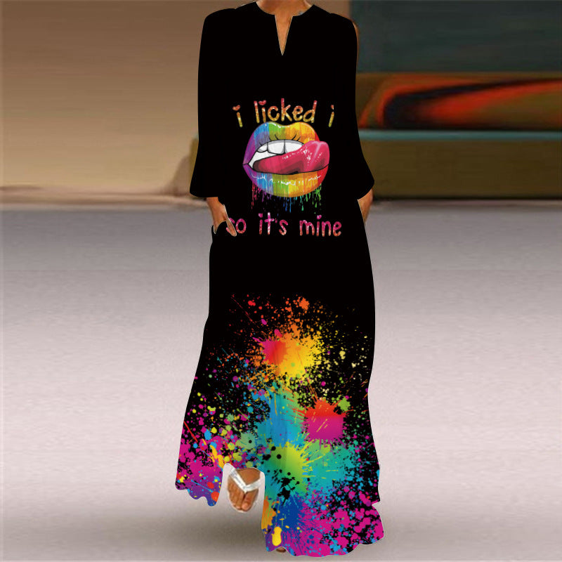 Women's Retro Butterfly Print Long Dress Collar Dresses