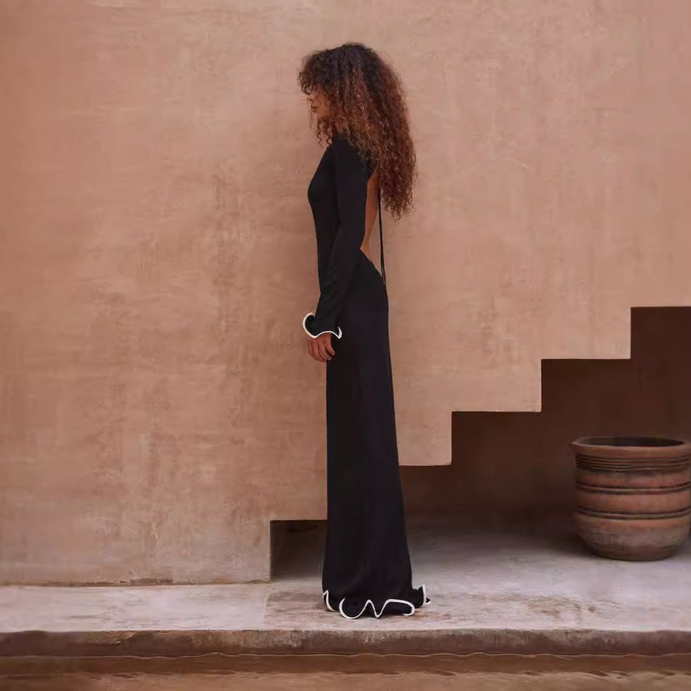 Women's Backless Flared Sleeve Ruffled Knitted Dress Sexy Dresses