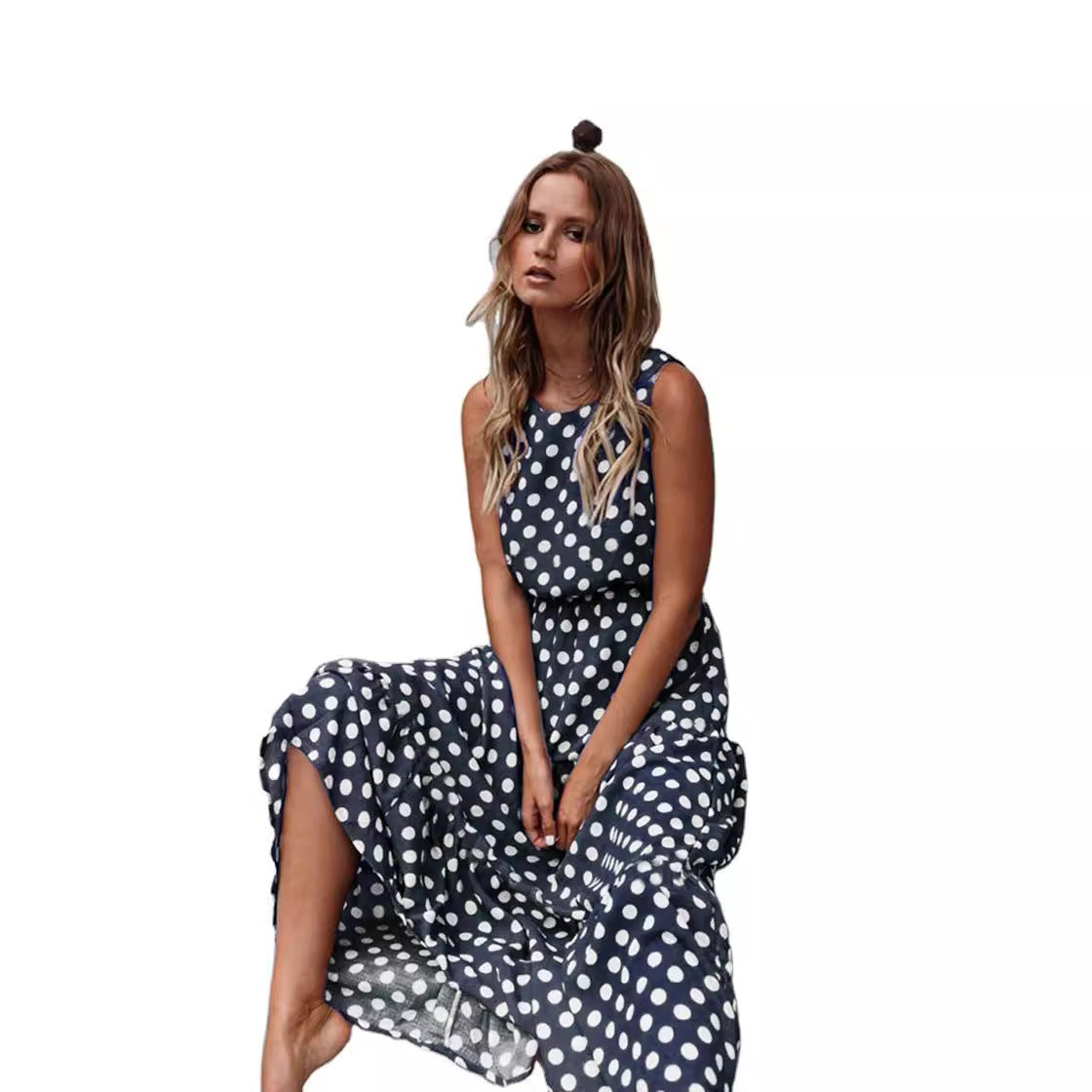 Fashion Sweet Polka Dot Round Neck Sleeveless Medium Length Dress