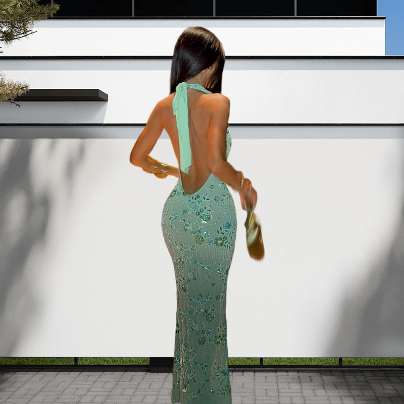 Elegant Halter Dress Sequin Beaded Bare Dresses
