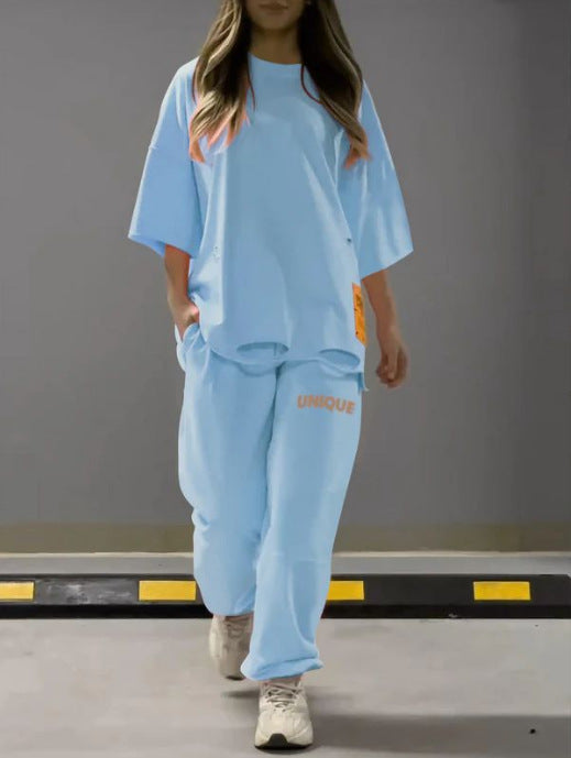 Women's Loose Crew Neck T-shirt Two-piece Set Suits