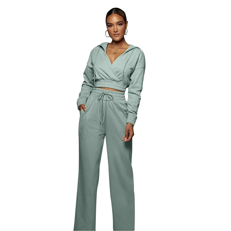 Women's Hooded Open V Trousers Fashionable Fitted Sweaters