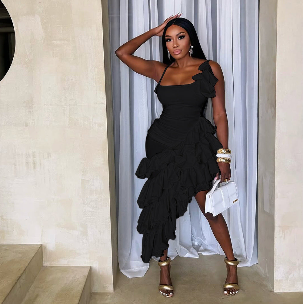 Women's Solid Color Strap Irregular Ruffled Dress Dresses