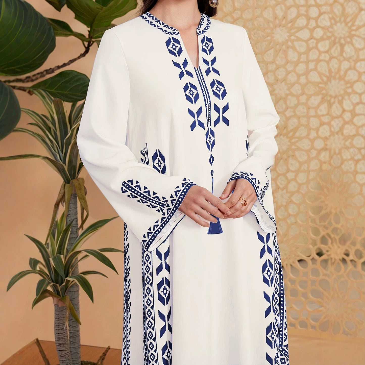 Women's Ethnic Embroidered Robe Loose-fitting Long Sleeves A- Line Dress