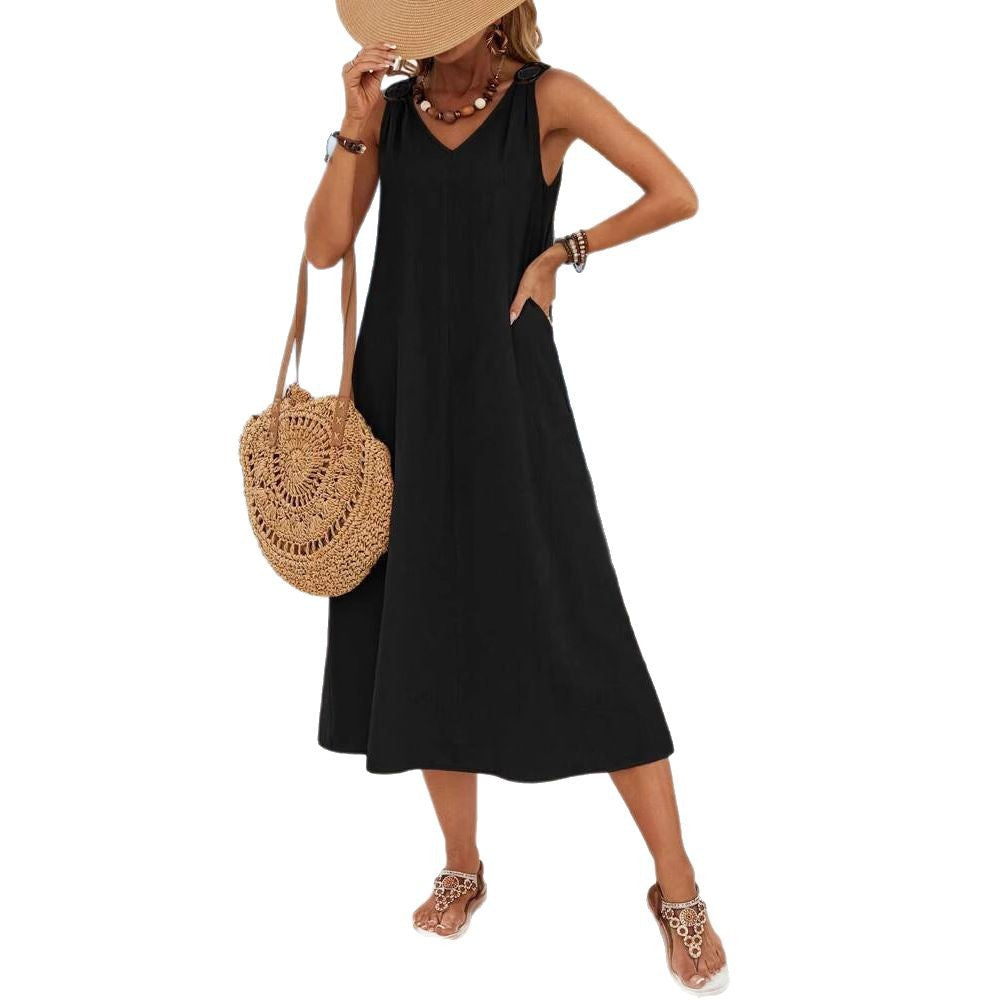Women's Summer Elegant Style Solid Color Ring Buckle Dress
