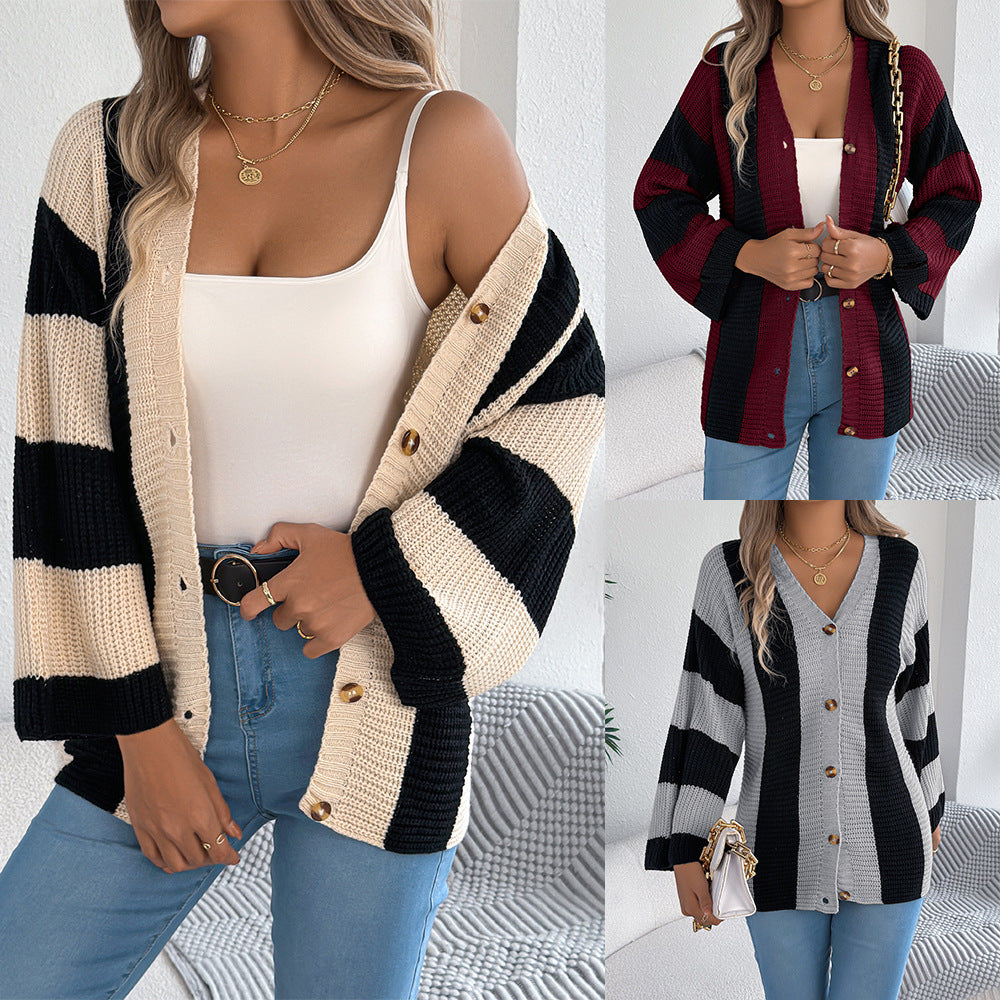 Women's Contrast Color Striped Flared Sleeve Mid-length Clothing