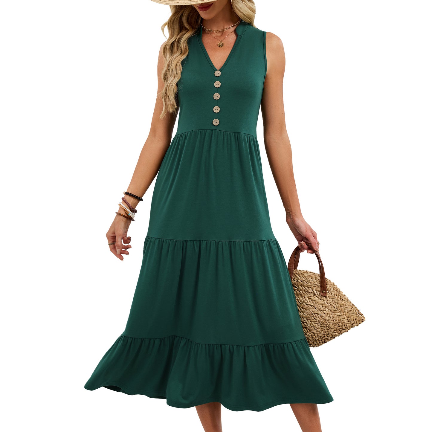 Solid Color Button Sleeveless Long Pleated Dress