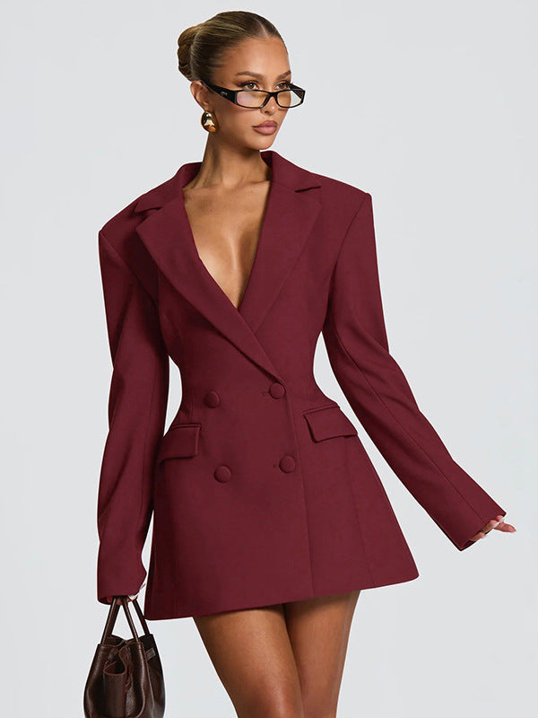 Women's Fashion Solid Color Deep Tight Waist Faux Pocket Temperament Suits