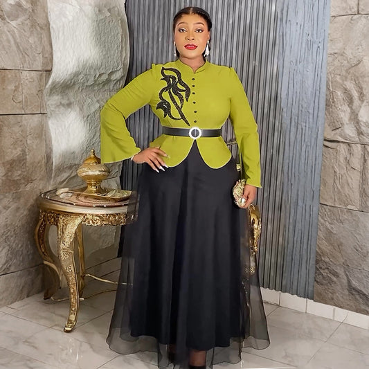 Women's Fashion Long Sleeve Button Two-piece Crystals Dresses