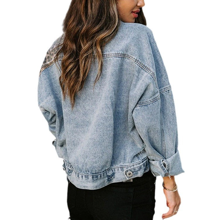 Women's Denim Long Sleeve Leopard Splicing Jackets