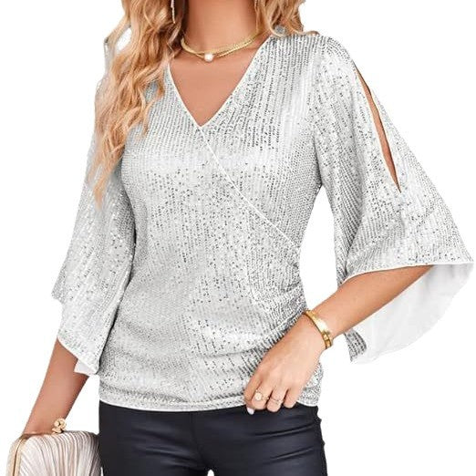 Women's Sequined Flare Sleeve Slim Fit Glitter Blouses