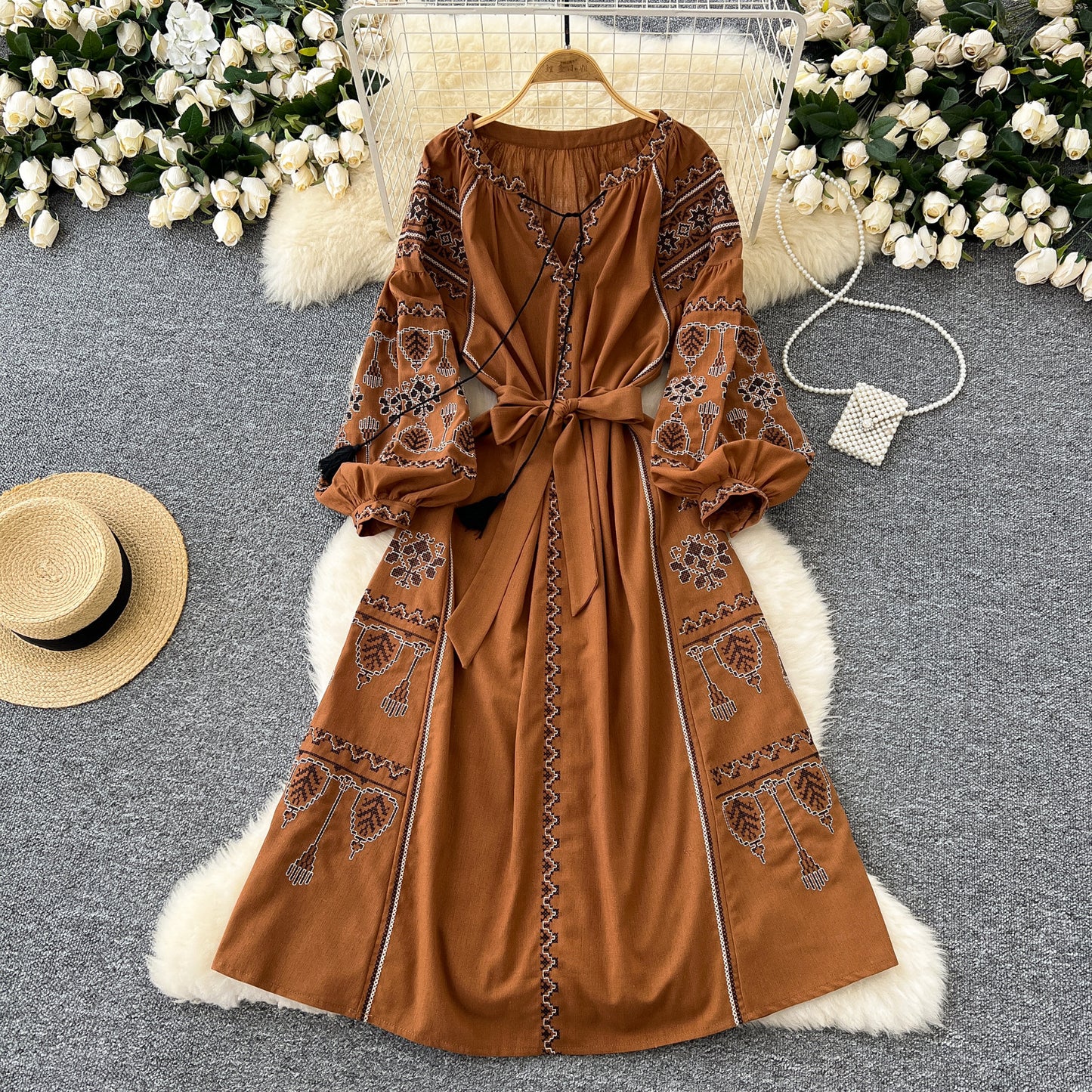 Women's Bohemian Retro Style Embroidered Loose Lantern Sleeve Dresses