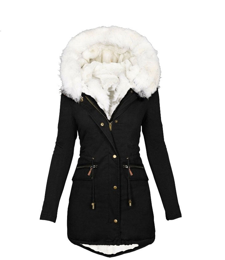 Women's Veet Cinched White Fur Collar Hooded Coats