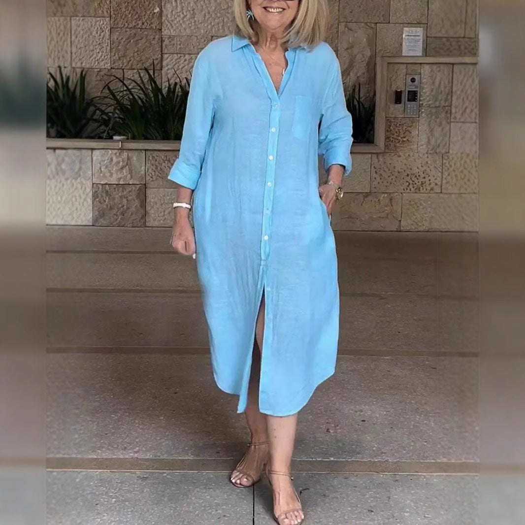 Women's Pocket Casual Polo Collar Single-breasted Cotton Dress