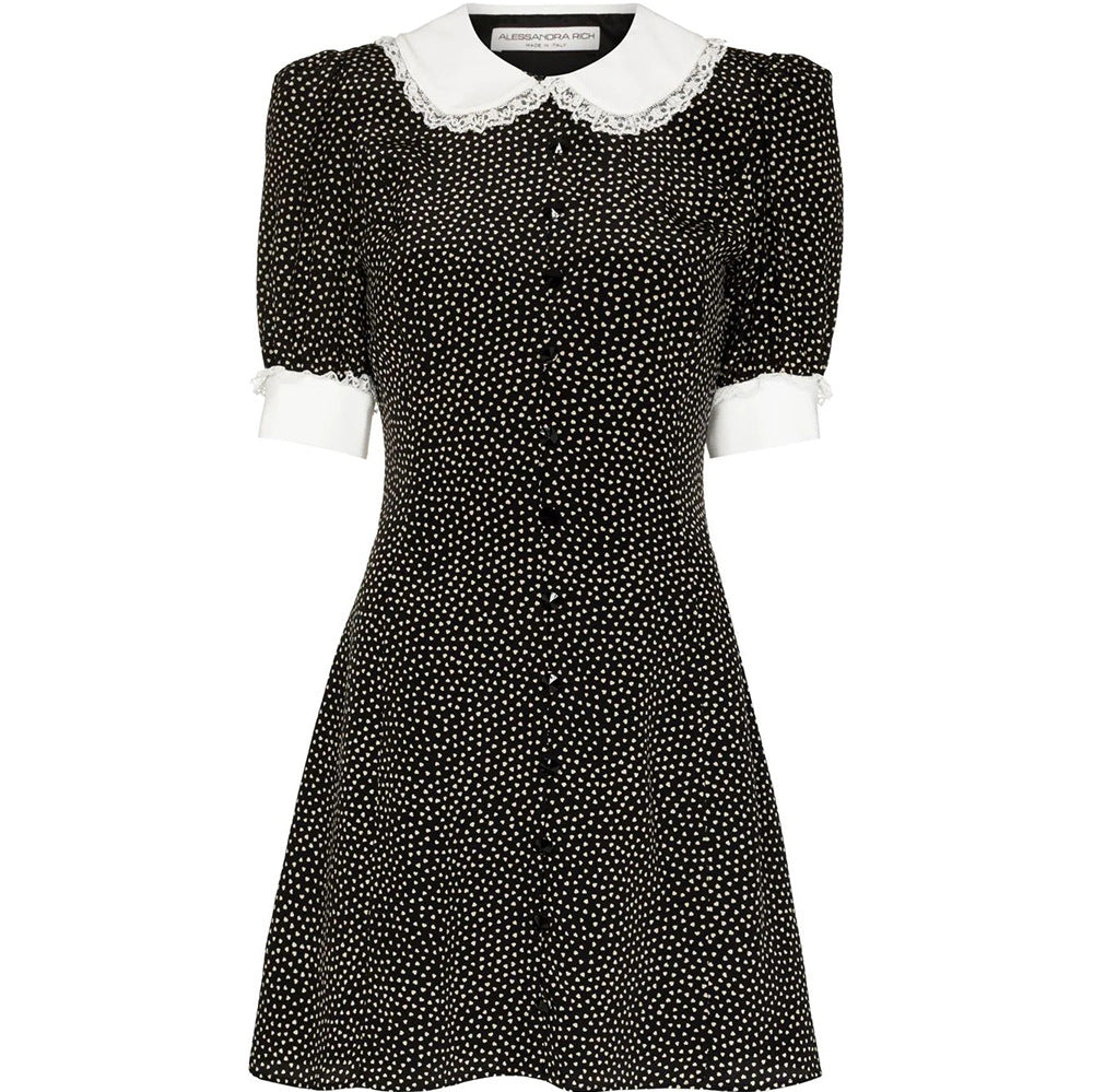 Polka Dot Stitching Lotus Leaf Lapel Sweet Sleeve Dresses
