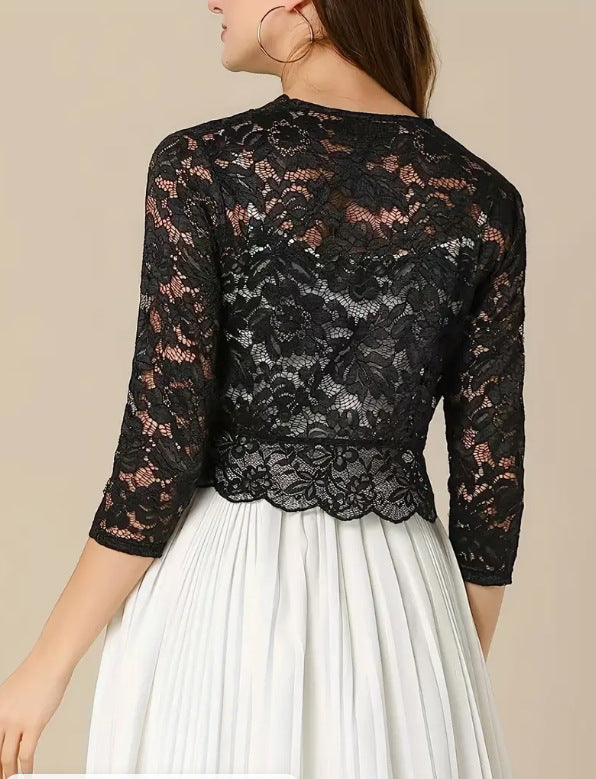 Collarless Solid Color Elegant Lace Shirt Coats