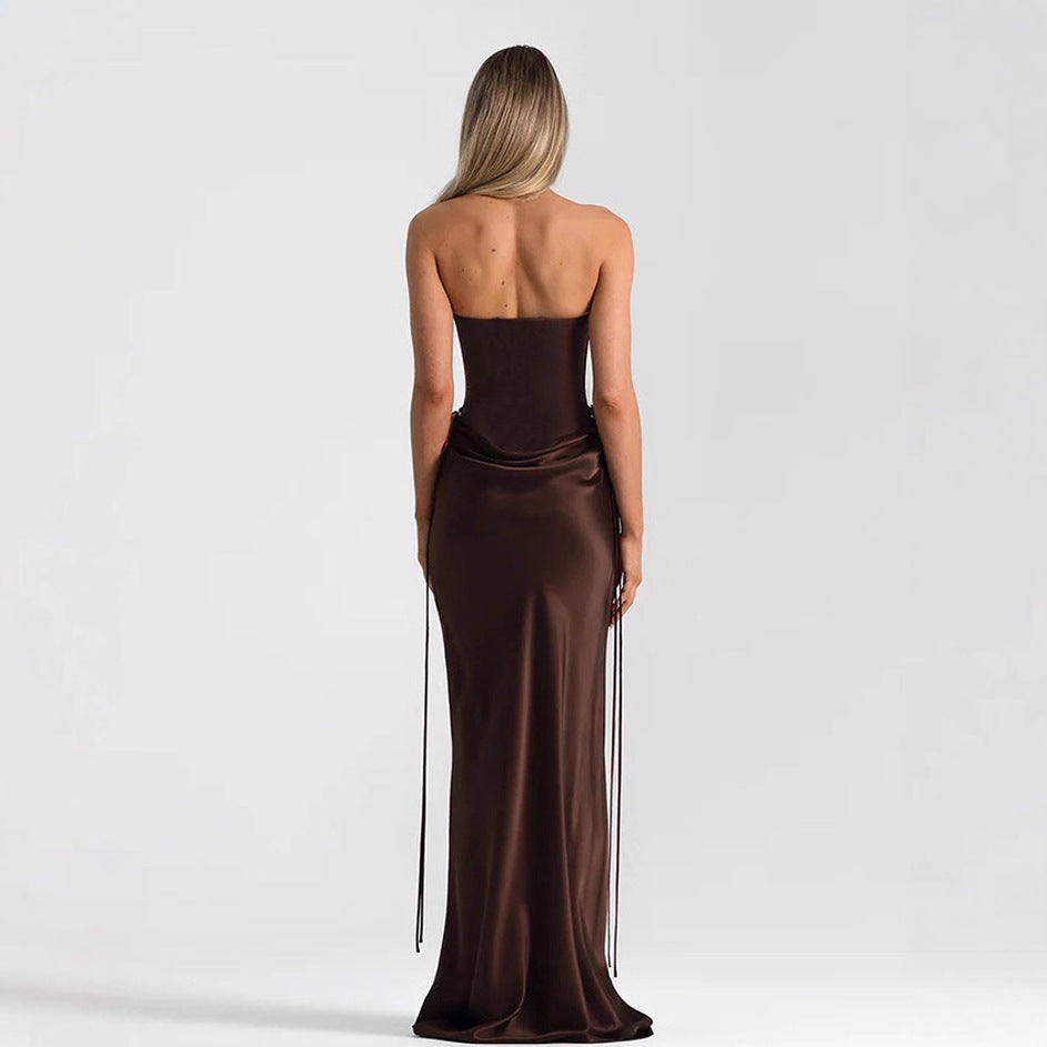 Women's Solid Color Fishbone Waist Slim Drape Ribbon Dress