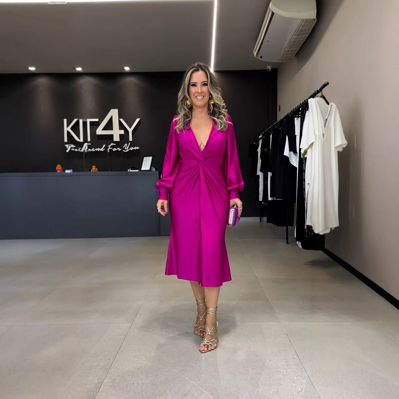 Spring Collar Solid Color Long Sleeve Slim Fit Slit Dresses