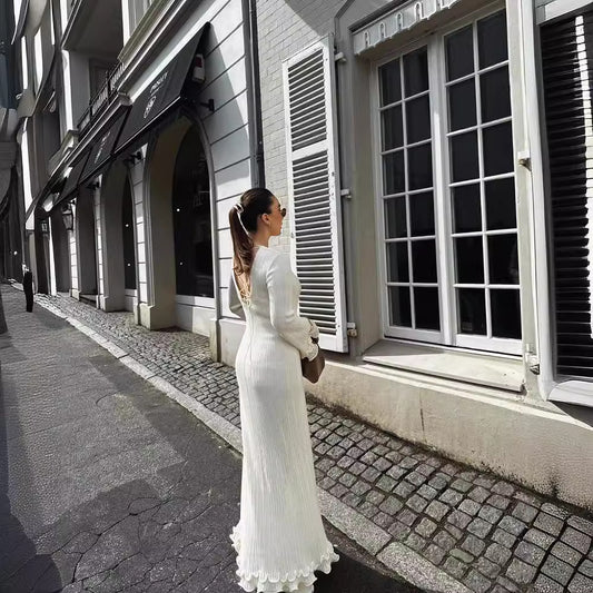 Women's Solid Color Round Neck Long Sleeve Slim Fit Stringy Dresses