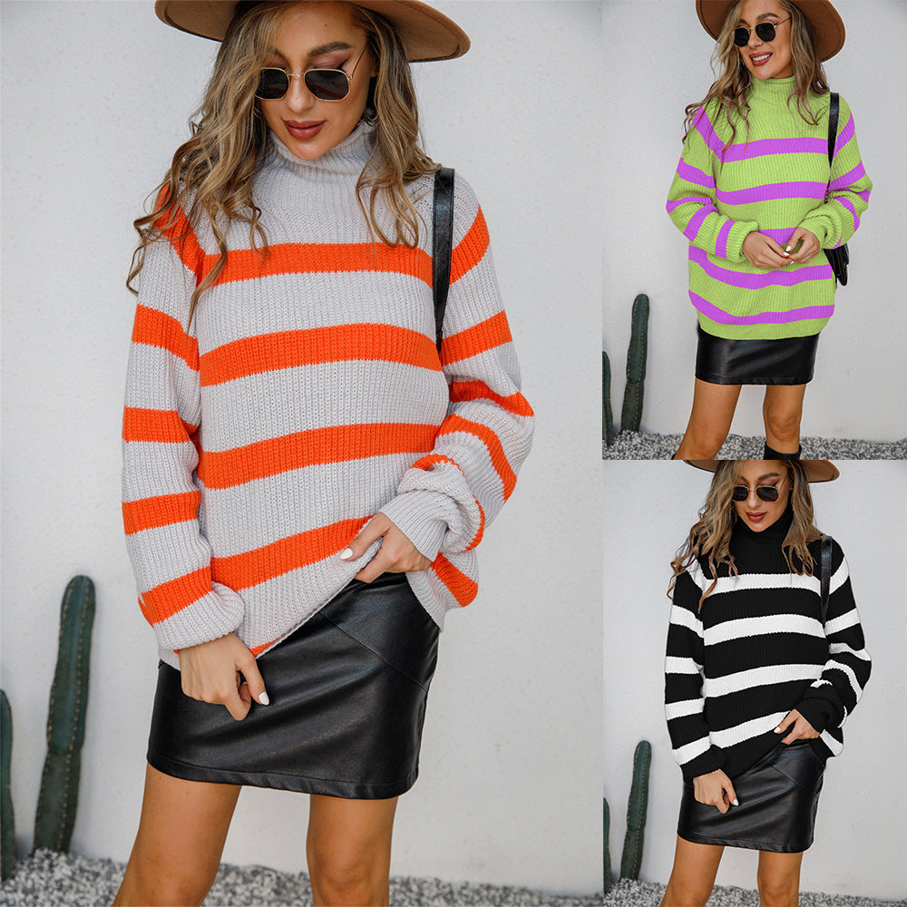 Women's Long-sleeved Knitted Cotton Striped Temperament Commute Patchwork Stripes Black Plus Size
