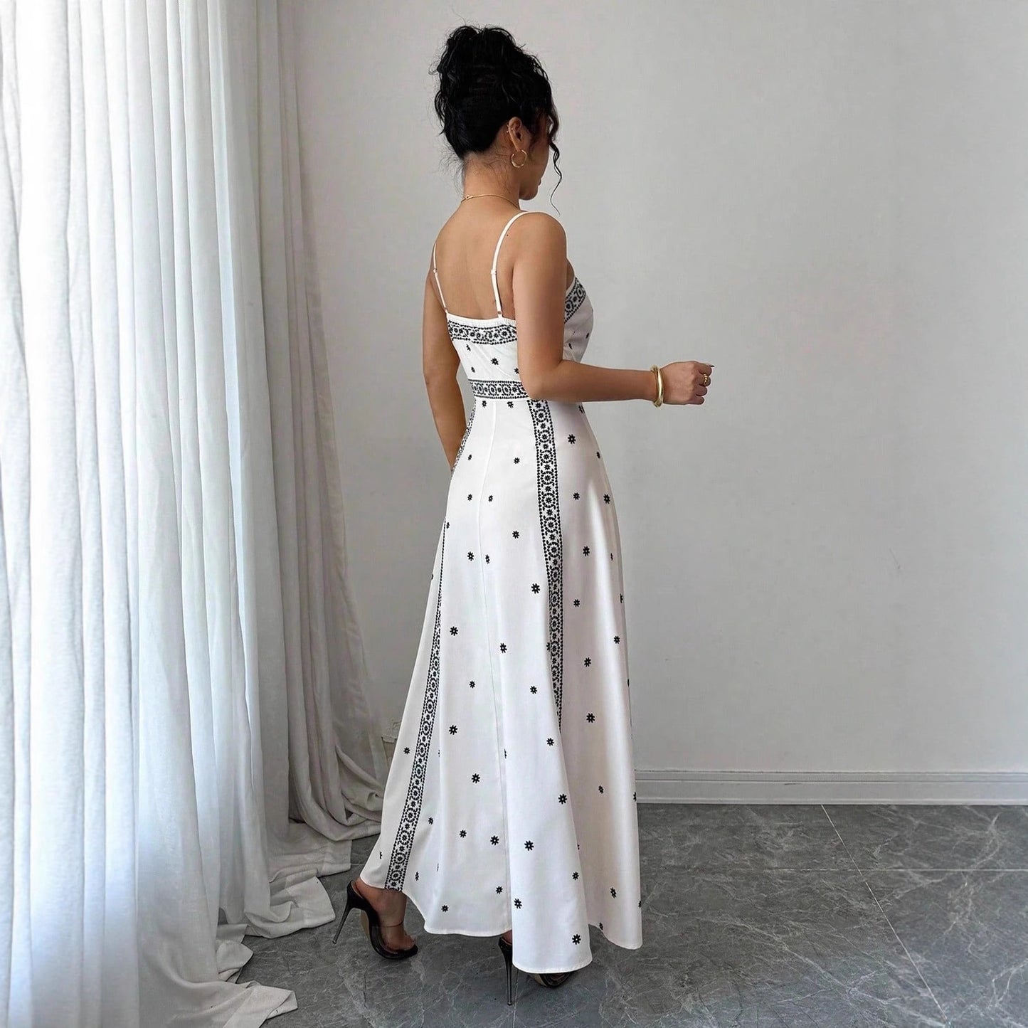 Women's Elegant Sling White Printing Long Dress