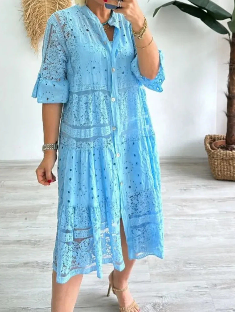 Women's Summer Solid Color Lace Button Stitching Dress