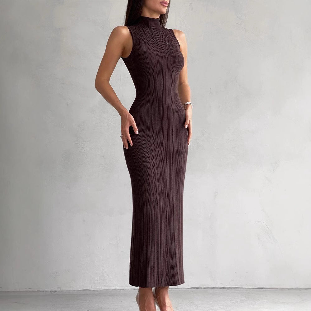 Knitted Turtleneck Sleeveless Tight Midi Elegant Skirts