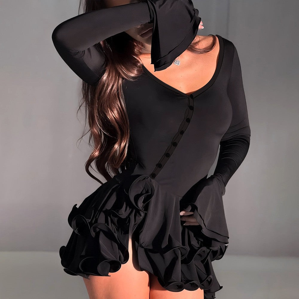 Women's Elegant Single-breasted Flared Long Sleeve Slim Dress