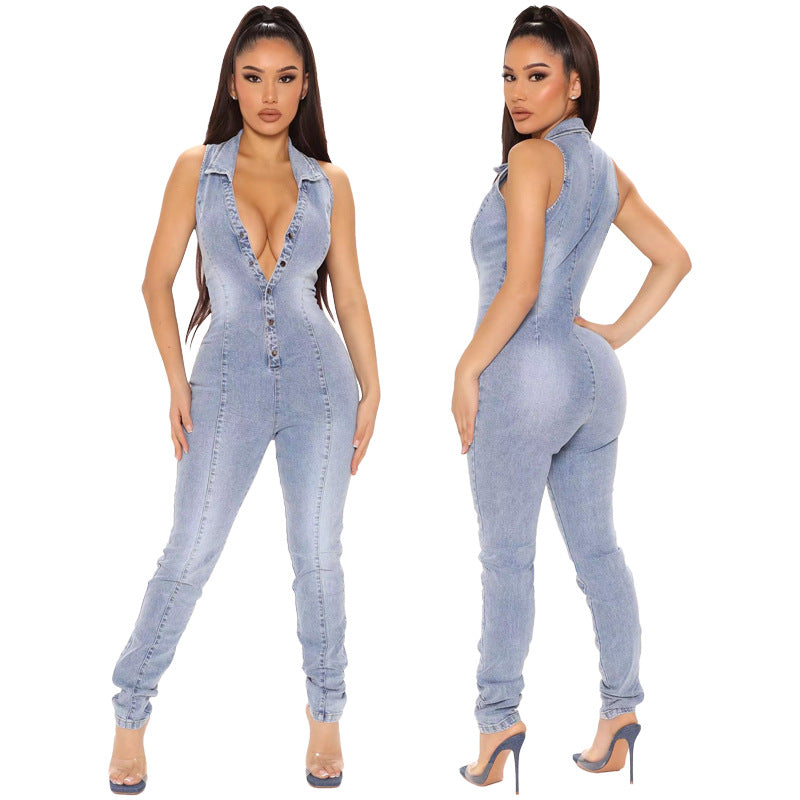 Summer Sleeveless Open Chest Wash Denim Jumpsuits