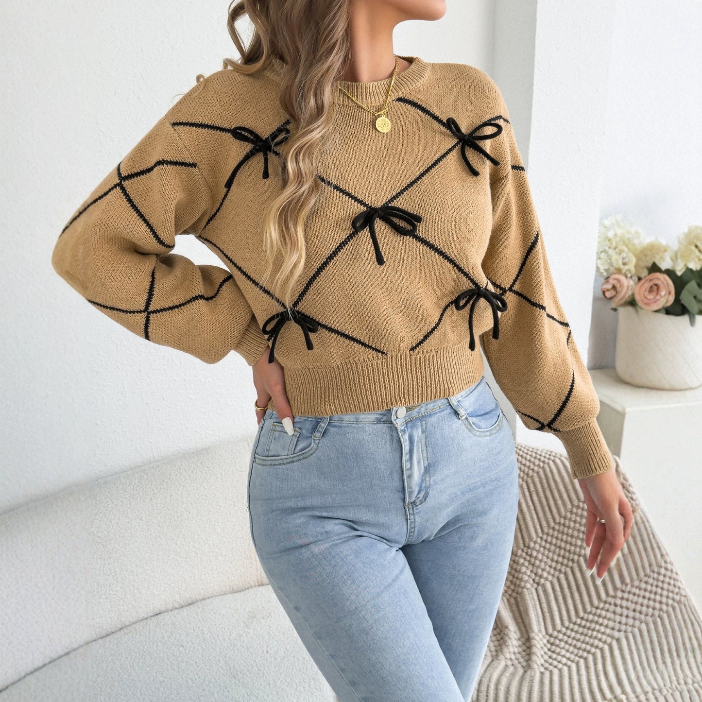 Women's Fashion Color Contrast Bow Waist Lantern Clothing