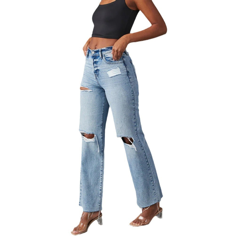 Women's Ripped High Waist Straight Washed Worn Jeans